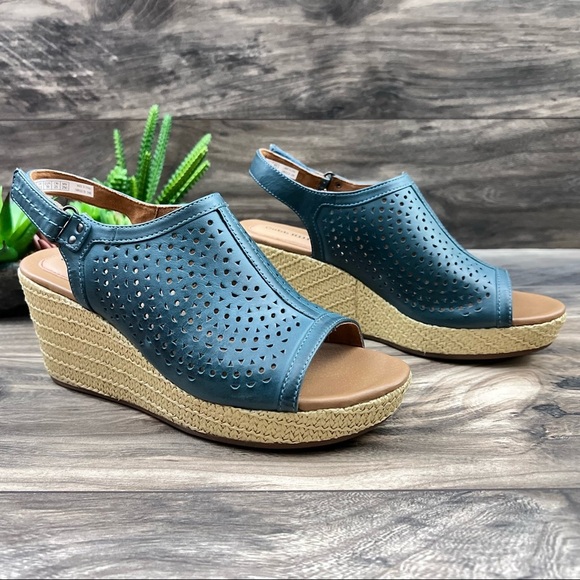 NIB Cobb Hill by Rockport 8W WIDE Erika Open Toe Slingback Wedge Sandal Blue - Picture 5 of 11